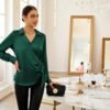 Women's Satin Silk Blouses Wrap V Neck Shirts Long Sleeve Elegant Tie Waist Office Formal Work Tunic Pullover Tops